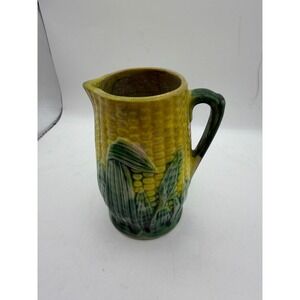 Vintage Majolica Corn on the Cob Ceramic Pitcher Yellow Green 5 Inch